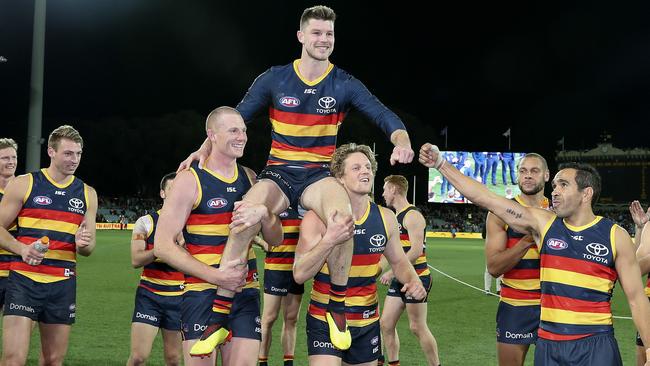 Bryce Gibbs gets chaired off in his 250th game. Picture: Sarah Reed