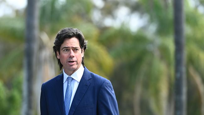 Gillon McLachlan speaks to media at the AFL’s quarantine hub in Queensland.