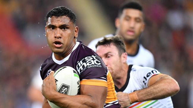 Tevita Pangai Junior (left) of the Broncos in action during the Round 22 NRL match between the Brisbane Broncos and the Penrith Panthers at Suncorp Stadium in Brisbane, Friday, August 16, 2019. (AAP Image/Darren England) NO ARCHIVING, EDITORIAL USE ONLY