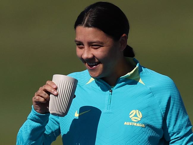 BRISBANE, AUSTRALIA - JULY 30: Sam Kerr during an Australia Matildas training session during the the FIFA Women's World Cup Australia & New Zealand 2023 at QSAC on July 30, 2023 in Brisbane, Australia. (Photo by Chris Hyde/Getty Images)