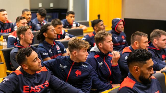 The Roosters listen on at Barcelona FC academy. Picture: Roosters Digital