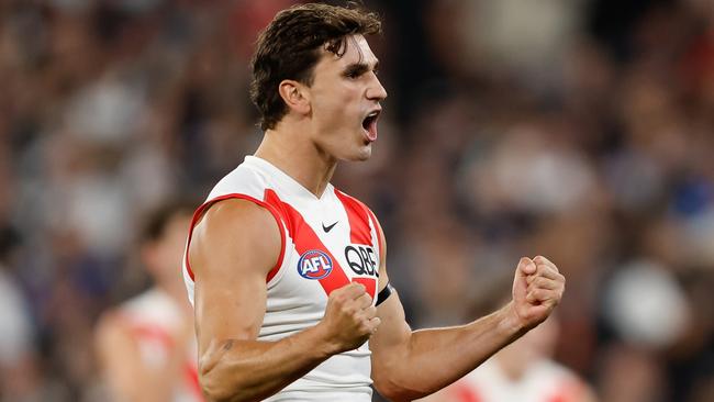 MELBOURNE, AUSTRALIA - MARCH 15: Sam Wicks of the Swans celebrates a goal during the 2024 AFL Round 01 match between the Collingwood Magpies and the Sydney Swans at the Melbourne Cricket Ground on March 15, 2024 in Melbourne, Australia. (Photo by Dylan Burns/AFL Photos via Getty Images)