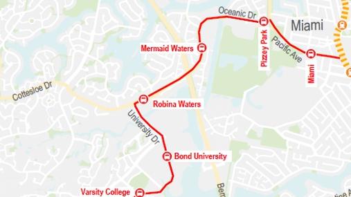 Artist impression and maps of the proposed Gold Coast electric bus system, known as the Bus Rapid Transit (BRT)