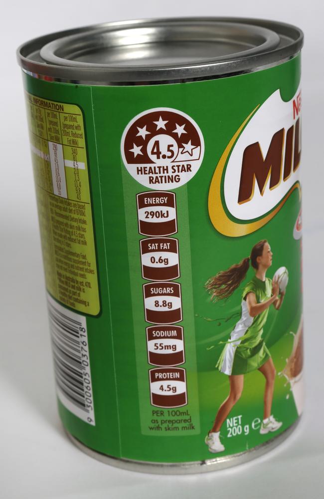 The food rating on the side of a Milo tin.