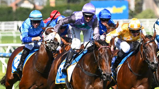 MELBOURNE, AUSTRALIA - FEBRUARY 24: Jamie Kah riding Hayasugi defeats Adam Hyeronimus riding Lady of Camelot to win Race 8, the Sportsbet Blue Diamond Stakes, during Melbourne Racing at Caulfield Racecourse on February 24, 2024 in Melbourne, Australia. (Photo by Vince Caligiuri/Getty Images)