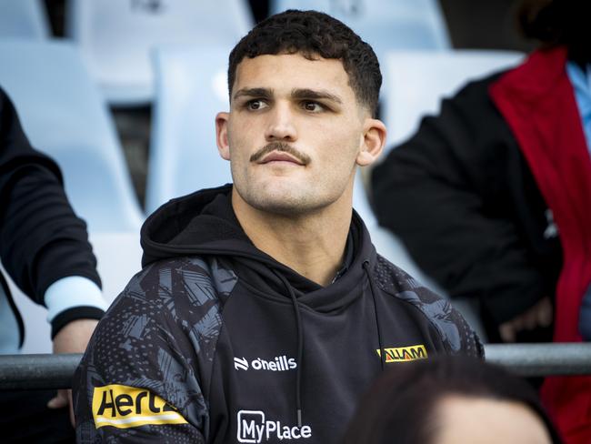 Injured Panthers and NSW star Nathan Cleary at tonight's NRL clash between the Cronulla Sharks and the Penrith Panthers at Shark Park.Photo: Tom Parrish