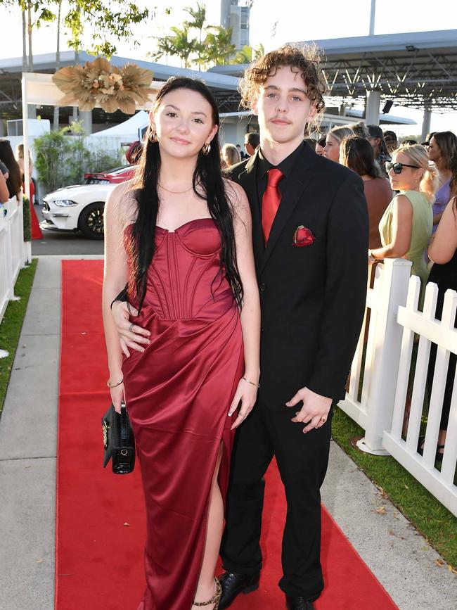 Tahlia Newey and Jaiden Wells at the 2023 Caloundra State High School Year 12 formal. Picture: Patrick Woods.