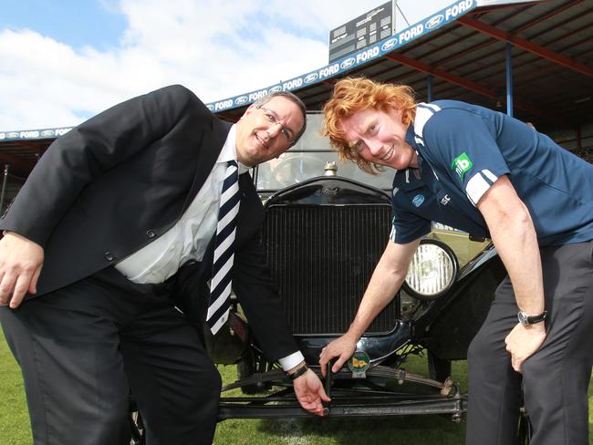 Geelong Football Club and  Ford Announcement    President and CEO Ford Australia Bob Graziano with GFC Captain kickstart the Model T Ford