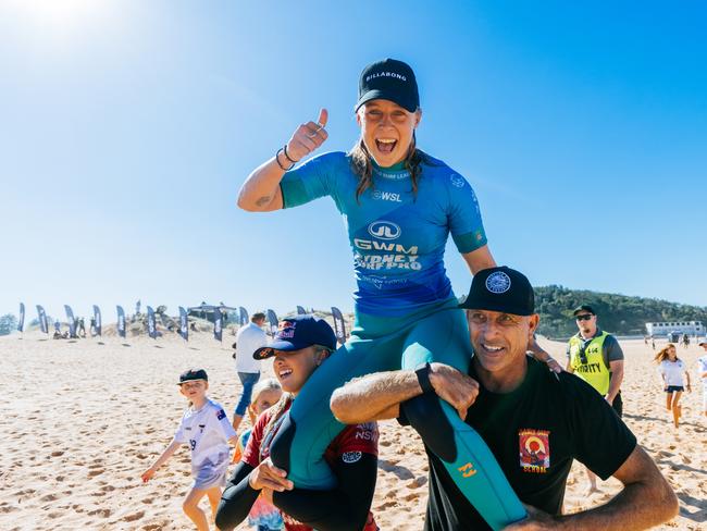 Isabella Nichols after winning the Final at the GWM Sydney Surf Pro at Narrabeen, New South Wales, Australia. Picture: Cait Miers/Getty Images