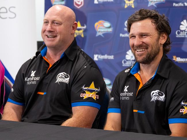 Northern Pride CEO Garreth Smith and New Head Coach Eric Smith at a press conference. Picture Emily Barker.