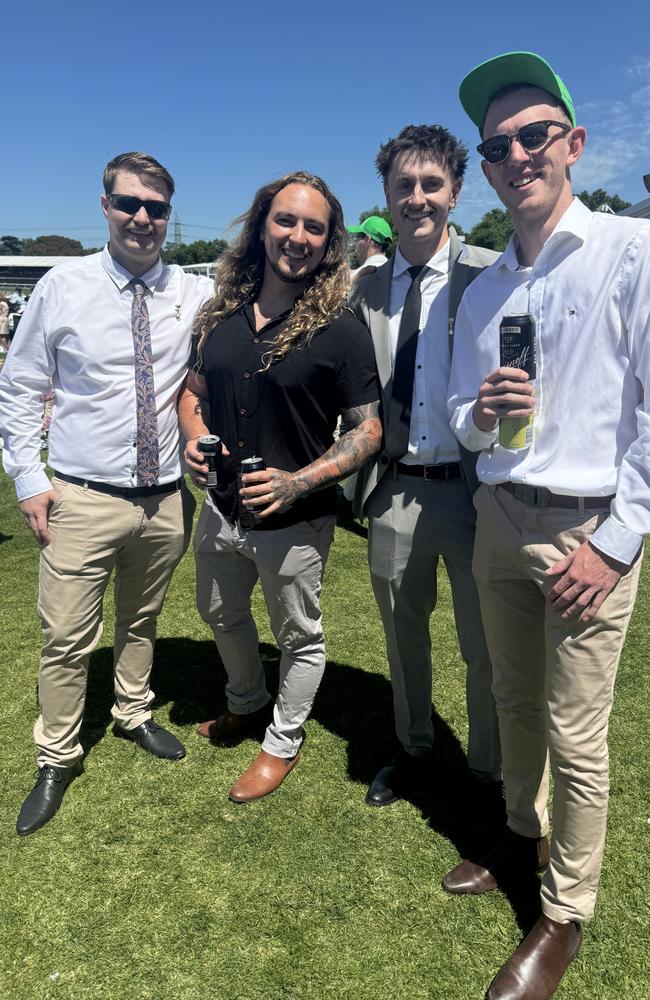 Zac Willie, Alex Porter, Patrick Lowrey and Sean Houlihan at the Melbourne Cup at Flemington Racecourse on November 5, 2024. Picture: Phillippa Butt