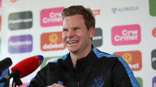 HOVE, ENGLAND - MAY 02: Steve Smith of Australia talks during a press conference at The 1st Central County Ground as he joins Sussex CCC on May 02, 2023 in Hove, England. (Photo by Steve Bardens/Getty Images)