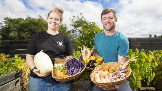 Esther Shilling from Willie Smith’s Apple Shed, left, with Huon Producers Network president Jono Linn. Picture: RICHARD JUPE