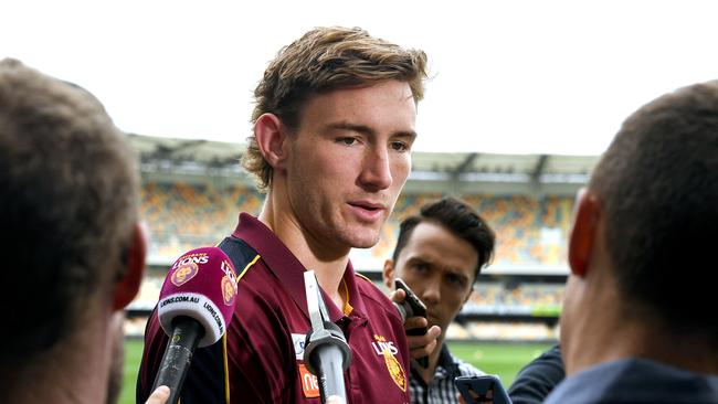 Harris Andrews speaks to media on Tuesday at the club’s finals launch. Picture: AAP image/ John Gass.