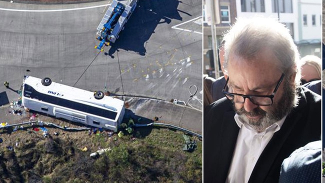 Bus driver Brett Button, and the scene of the crash which killed ten bus passengers. Pictures: News Corp