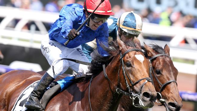 Kerrin McEvoy celebrates after steering Cross Counter to victory in the Melbourne Cup. Picture: Michael Klein