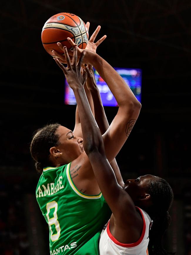 Australia's centre Liz Cambage (L) vies with Spain's forward Astou Ndour. Picture: AFP