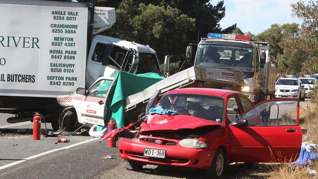 A crash on the Victor Harbor to Adelaide road, six kilometres north of Mount Compass, where a utility car and truck collided.