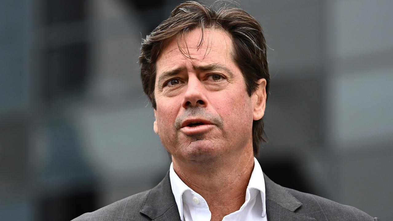 MELBOURNE, AUSTRALIA - FEBRUARY 28: AFL CEO Gillon McLachlan speaks to the media during a press conference at Marvel Stadium on February 28, 2022 in Melbourne, Australia. (Photo by Quinn Rooney/Getty Images)