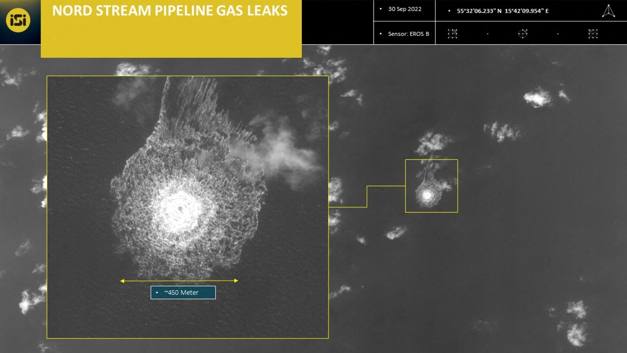 A handout picture released by ImageSat International (ISI) on September 30, 2022, shows an image from an intelligence report depicting a release of gas emanating from a leak on the Nord Stream 1 gas pipeline, in the Swedish economic zone in the Baltic Sea. Picture: AFP