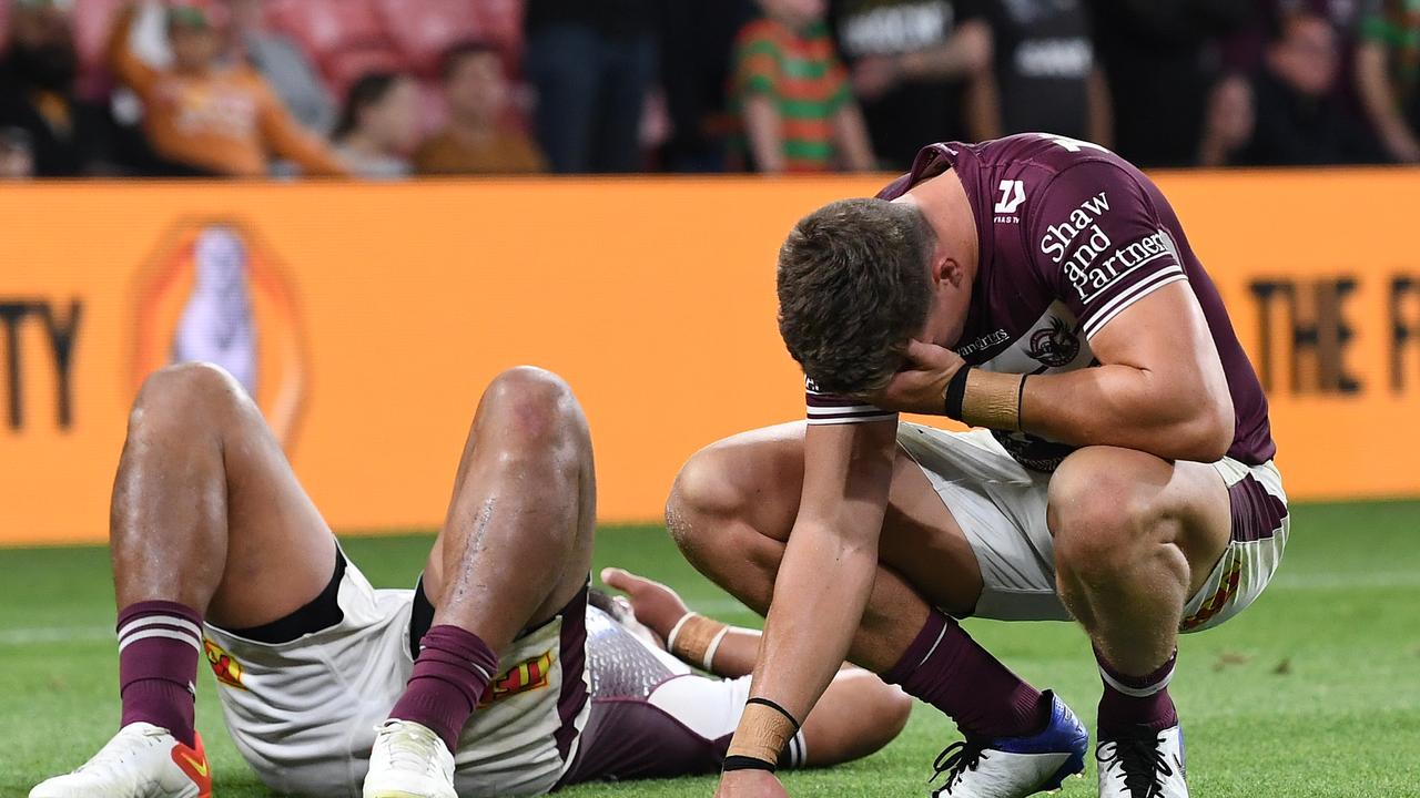 BRISBANE, AUSTRALIA - SEPTEMBER 24: Sea Eagles players show their emotion after losing the NRL Preliminary Final match between the South Sydney Rabbitohs and the Manly Sea Eagles at Suncorp Stadium on September 24, 2021 in Brisbane, Australia. (Photo by Bradley Kanaris/Getty Images)