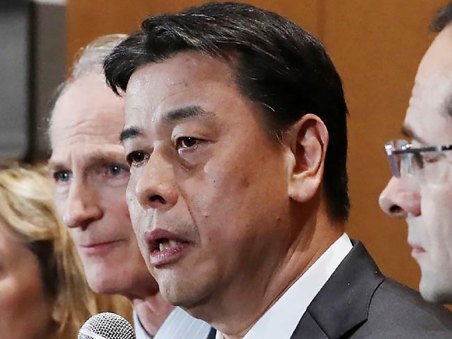 Nissan Motors President and CEO Makoto Uchida (2R) speaks during a joint press briefing on the Renault-Nissan-Mitsubishi alliance in Yokohama, Kanagawa prefecture on January 30, 2020. - Leaders of the Renault-Nissan-Mitsubishi alliance, (L-R) Mitsubishi Motors Chairman and CEO Osamu Masuko, Renault interim CEO Clotilde Delbos, Renault Chairman Jean-Dominique Senard, Nissan Motors President and CEO Makoto Uchida, and the alliance General Secretary Hadi Zablit, attended their joint press briefing at the Nissan headquarters in Yokohama. (Photo by STR / JIJI PRESS / AFP) / Japan OUT