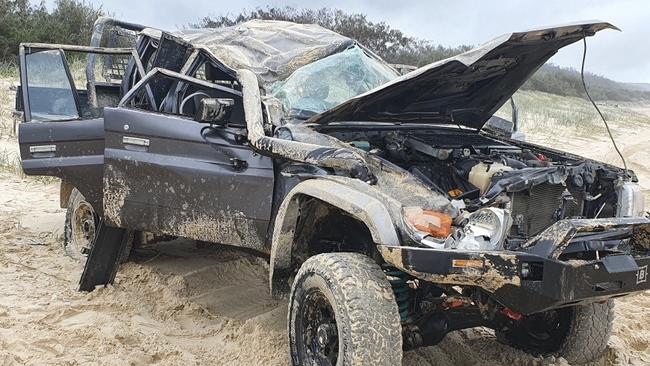 Teewah Beach is notorious for rollovers. This crash occurred only two weeks ago.