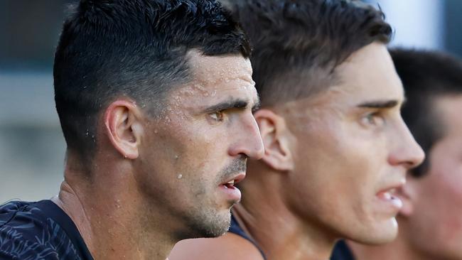 MELBOURNE, AUSTRALIA - FEBRUARY 14: Scott Pendlebury of the Magpies looks on during a Collingwood Magpies training session at AIA Centre on February 14, 2024 in Melbourne, Australia. (Photo by Dylan Burns/AFL Photos via Getty Images)