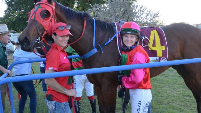 Trainer Bonnie Thomson with jockey Krysten Swaffer and This Girls On Fire after winning race six at the Towers Jockey Club's July 25 race day. Picture: CAN DO PHOTOGRAPHY.