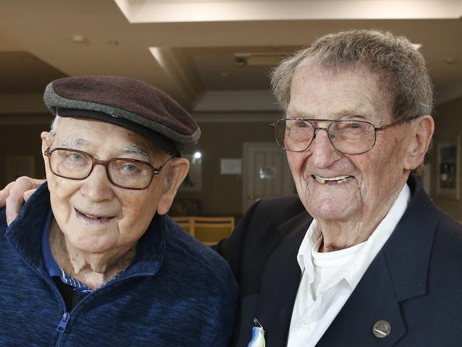 Melbourne Strong WW2 Ray Rees 98 (RAAF) and Len Clarke 94 (Army) who joined as teenagers, at Estia Age Care Facility Melton.      Picture: David Caird