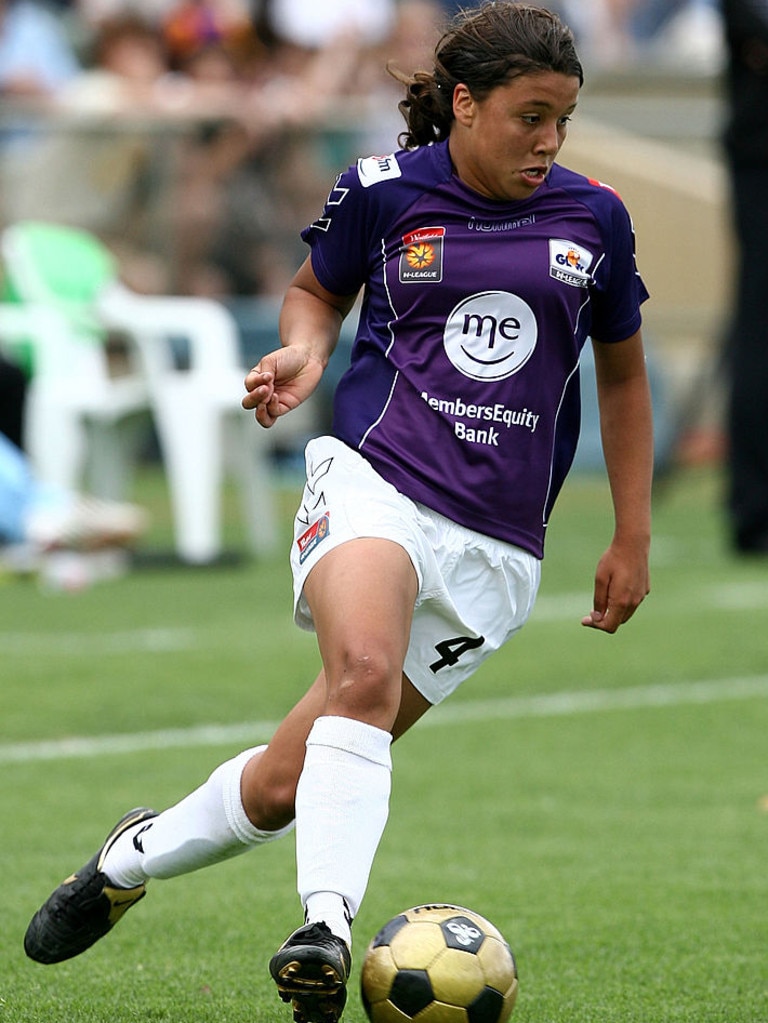 Sam Kerr in action for Perth Glory in round one of the W-League against Sydney FC in 2008. She was a regular starter at age 15. Picture: Paul Kane/Getty Images