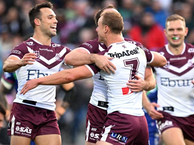 AUCKLAND, NEW ZEALAND - APRIL 13: Daly Cherry-Evans of Manly celebrates after scoring a try during the round six NRL match between New Zealand Warriors and Manly Sea Eagles at Go Media Stadium Mt Smart, on April 13, 2024, in Auckland, New Zealand. (Photo by Hannah Peters/Getty Images)