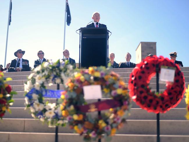 Australian Prime Minister Malcolm Turnbull spoke about his family’s service history in Canberra. Picture: AAP/Lukas Coch