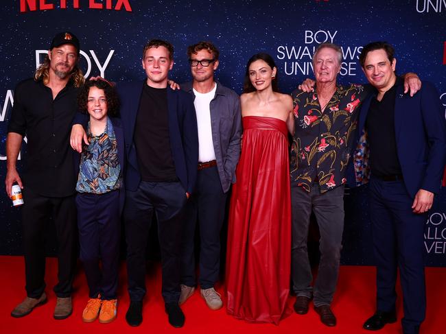 Travis Fimmel, Felix Cameron, Lee Tiger Halley, Simon Baker, Phoebe Tonkin, Bryan Brown and Trent Dalton at the Netflix global premiere of Boy Swallows Universe in Brisbane in January.