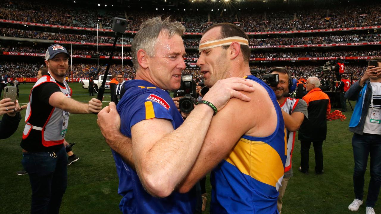 Adam Simpson and Shannon Hurn after the 2018 AFL Grand Final. Picture: Darrian Traynor
