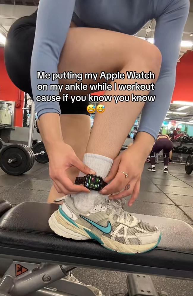 Gymgoers are putting their smart watch around their ankles for better tracking during workouts. Picture: TikTok/@bodiebyana