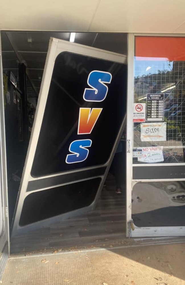 Damage left at the Super Vape Store in Mount Isa after a stolen car ram raid. Picture: Facebook