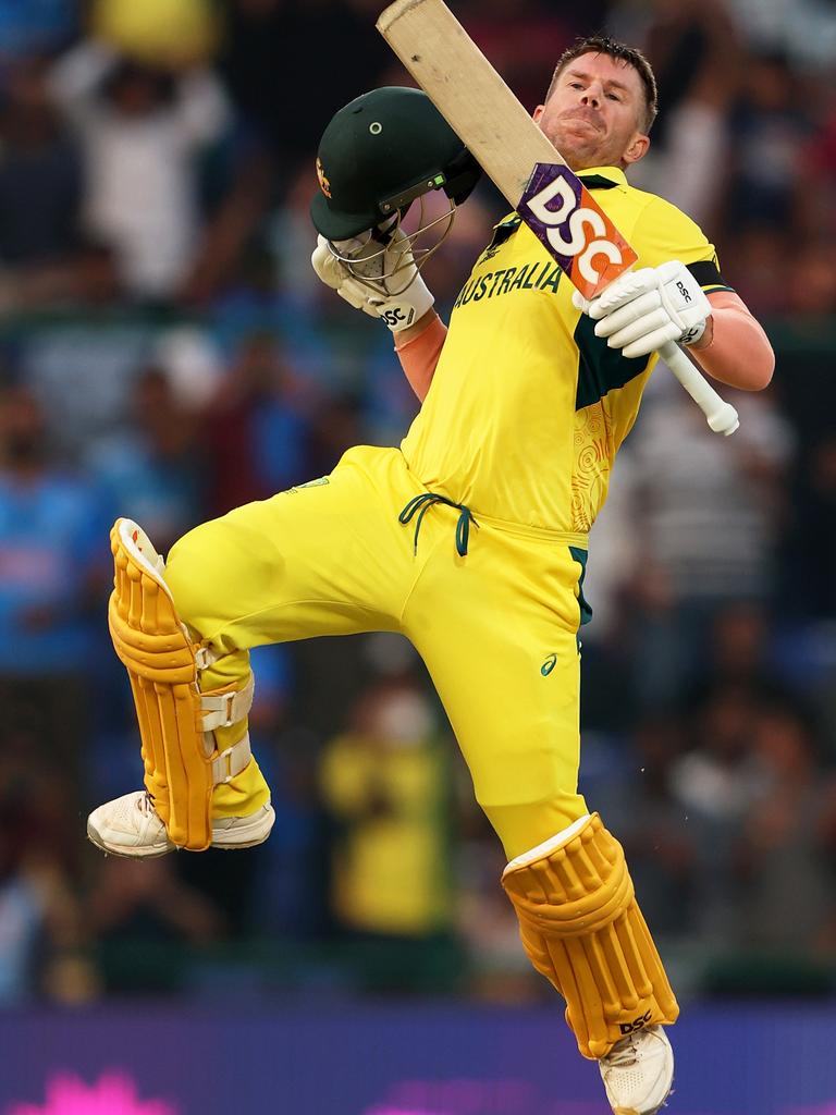 David Warner celebrates his sixth World Cup century. Picture: Getty Images