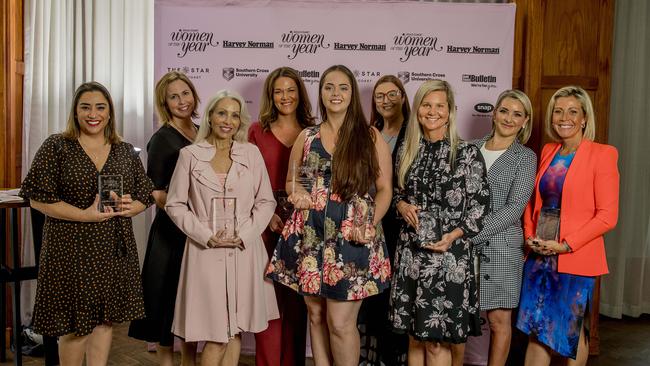 Celebratory lunch for the 2020 Harvey Norman Gold Coast Women of the Year with winners in the Ocean View Room at The Island Gold Coast, Surfers Paradise. (l-r) Kathrine Peereboom (Angels Among Us), Dr. Cherie Hugo (Wellness Warriors), Melissa McGuinness (People's Choice), Renee Cohen (Champions of Sport), Tani Bloudell (Gold Coast Woman of the Year Winner and Young Women), Amy-Louise Anderson (The Entertainers winner), Dr Julia Crilly (Champions of Education), Amreeta Abbott (Entrepreneurs) and Larissa Rose (Mentors winner). Picture: Jerad Williams