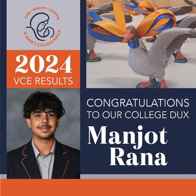 Manjot Rana is the 2024 dux of St Anne's College Kialla.