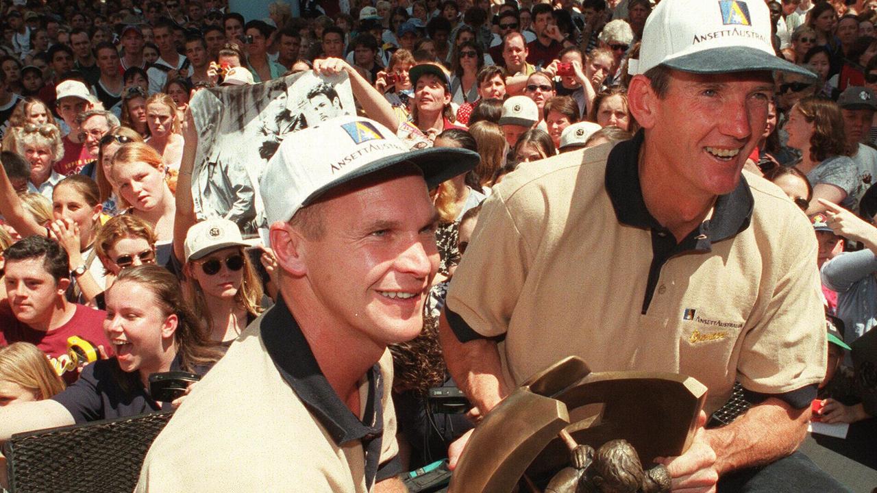 Wayne Bennett and Alfie Langer during the 1998 Broncos premiership parade.