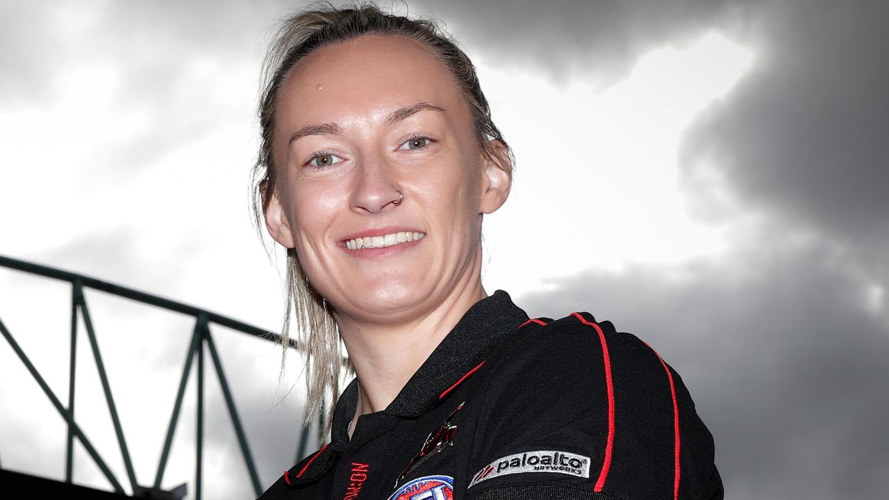 MELBOURNE, AUSTRALIA - AUGUST 15: Louise Stephenson of the Hawks and Sophie Alexander of the Bombers pose during an AFLW Media Opportunity announcing the Round 1 match between Hawthorn and Essendon will be played at Marvel Stadium on August 15, 2022 in Melbourne, Australia. (Photo by Michael Willson/AFL Photos via Getty Images)