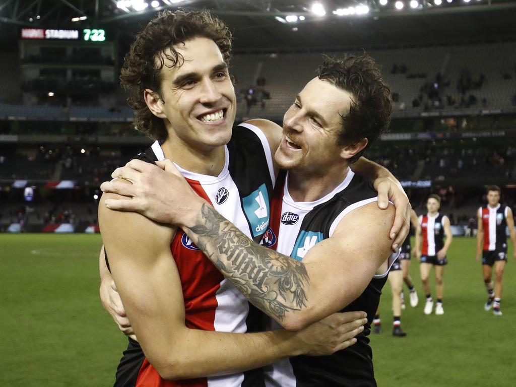 Max King and Jake Carlisle of the Saints celebrate.