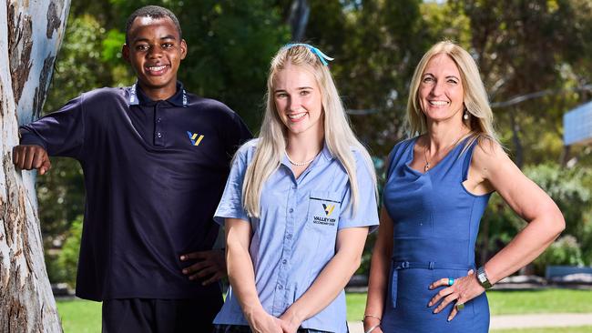 Valley View Secondary School Year 12 captains Athanase and Tianah, both 17, with principal Yvette Swaalf. Picture: Matt Loxton