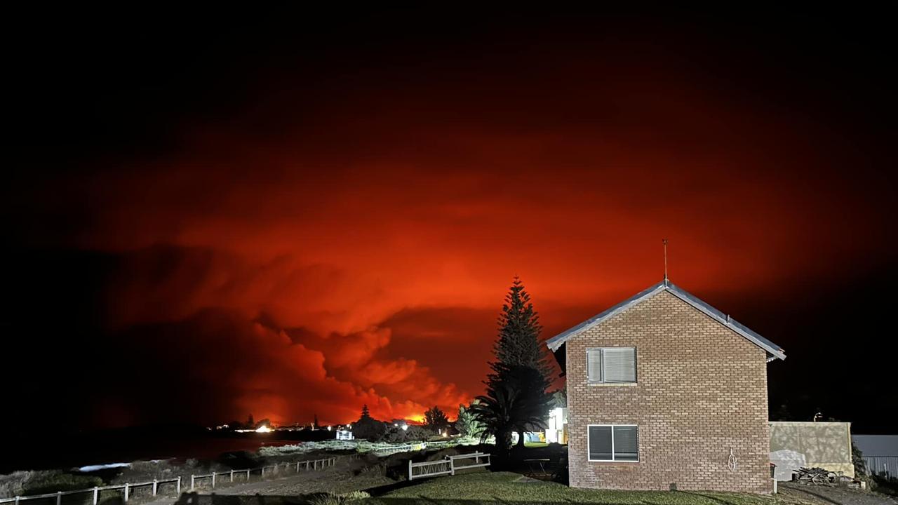 The bushfire was sparked by a fatal crash on Monday and has since burnt through more than 72,000 hectares of bush cutting off several fishing villages in WA’s Wheatbelt. Picture: Facebook/Keenan Beau.