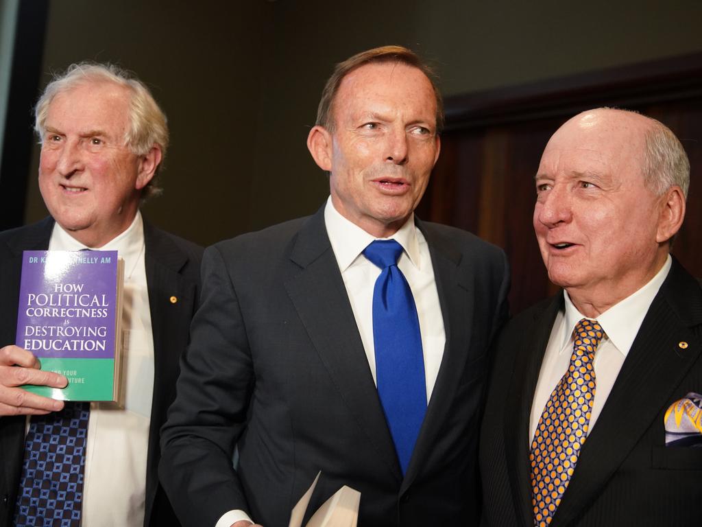 Dr Kevin Donnelly launching his new book with former prime minister Tony Abbott and radio broadcaster Alan Jones on Tuesday. Picture: Ben Rushton/AAP