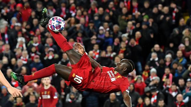 Liverpool’s Senegalese striker Sadio Mane attempts a bicycle kick shot on goal during the March 11 Champions League match against Atletico Madrid at Anfield. Picture: AFP