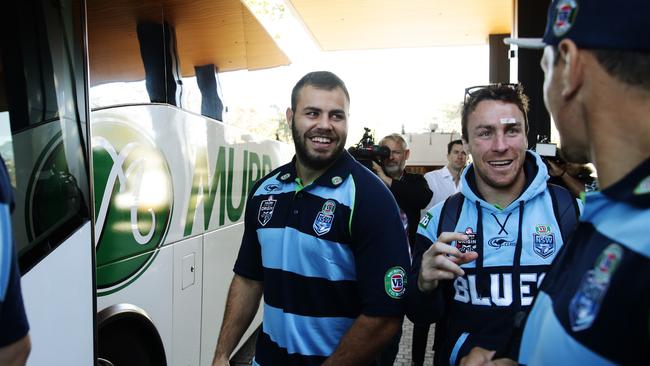 Wade Graham, James Maloney and Greg Bird get set for the flight to Coffs Harbour. Picture: Brett Costello