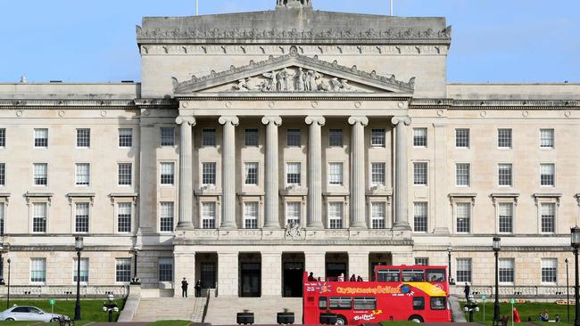 Northern Ireland’s Parliament Buildings, known as Stormont, in Belfast remains quiet following a dispute between nationalists and unionists. Picture: Paul Faith/AFP