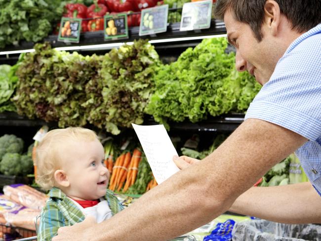 Father with daughter and shopping list in supermarket, groceries generic